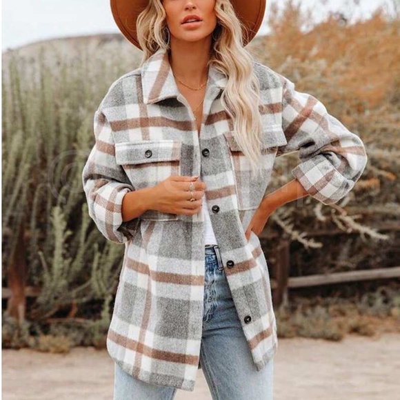 Rouge! Tops - Plaid Oversized Shacket (Shirt / Jacket) White Grey Brown Long Sleeve & Pockets